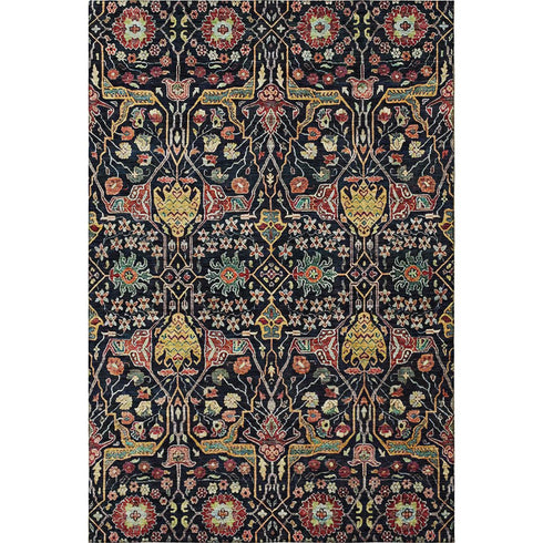 8' X 10' Black Gold Teal And Red Floral Washable Area Rug With UV Protection
