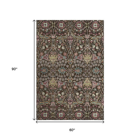 5' X 8' Chocolate Gold And Teal Floral Washable Area Rug With UV Protection