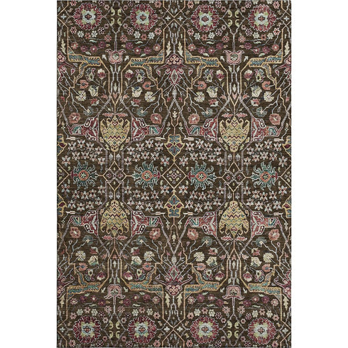 5' X 8' Chocolate Gold And Teal Floral Washable Area Rug With UV Protection