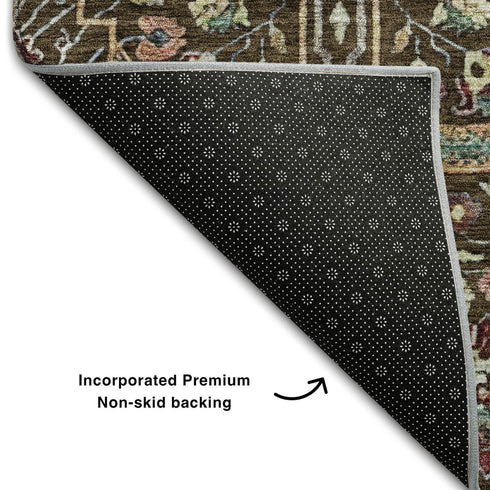 5' X 8' Chocolate Gold And Teal Floral Washable Area Rug With UV Protection
