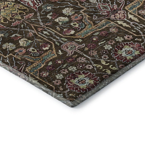 5' X 8' Chocolate Gold And Teal Floral Washable Area Rug With UV Protection