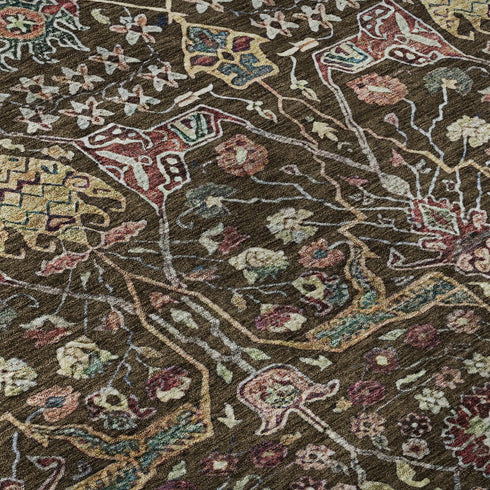 5' X 8' Chocolate Gold And Teal Floral Washable Area Rug With UV Protection