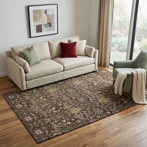 5' X 8' Chocolate Gold And Teal Floral Washable Area Rug With UV Protection