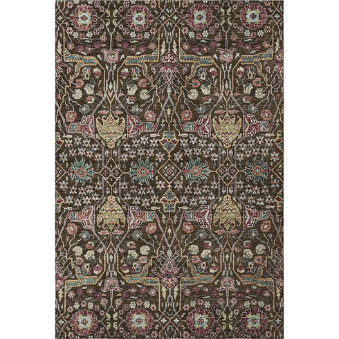 5' X 8' Chocolate Gold And Teal Floral Washable Area Rug With UV Protection