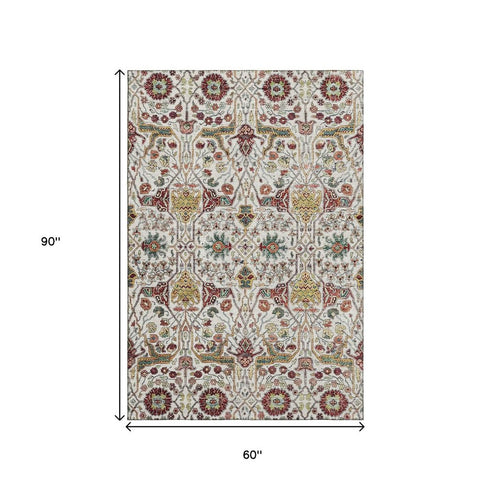 5' X 8' Ivory Gold Red And Teal Floral Washable Area Rug With UV Protection