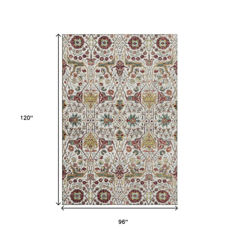 8' X 10' Ivory Gold Red And Teal Floral Washable Area Rug With UV Protection