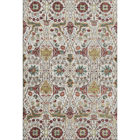 8' X 10' Ivory Gold Red And Teal Floral Washable Area Rug With UV Protection