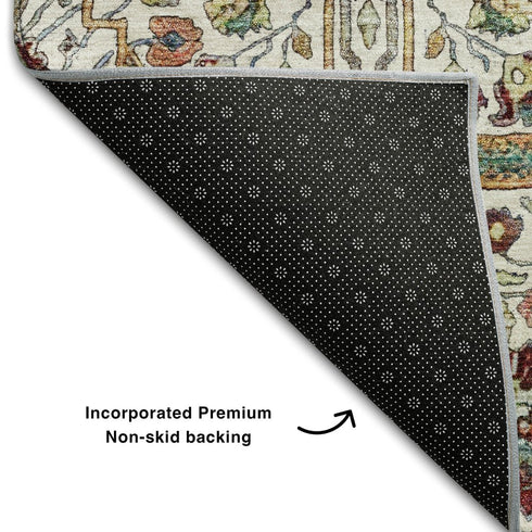 8' X 10' Ivory Gold Red And Teal Floral Washable Area Rug With UV Protection