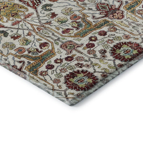 8' X 10' Ivory Gold Red And Teal Floral Washable Area Rug With UV Protection