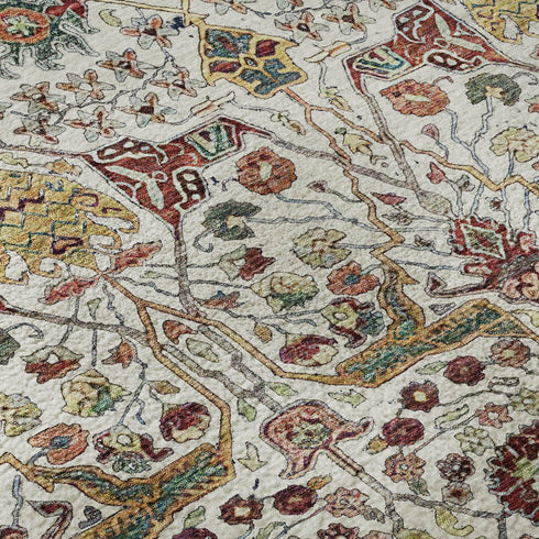 8' X 10' Ivory Gold Red And Teal Floral Washable Area Rug With UV Protection