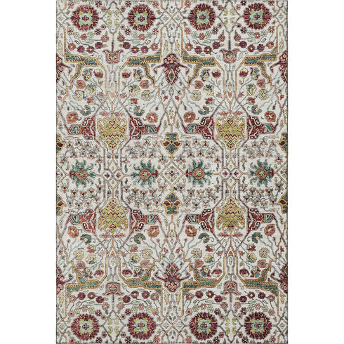 8' X 10' Ivory Gold Red And Teal Floral Washable Area Rug With UV Protection