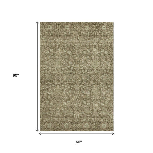 5' X 8' Brown And Beige Floral Washable Area Rug With UV Protection
