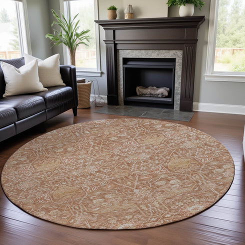 8' Coral And Beige Floral Washable Round Rug With UV Protection