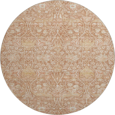 8' Coral And Beige Floral Washable Round Rug With UV Protection