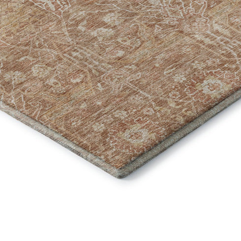 8' Coral And Beige Floral Washable Round Rug With UV Protection