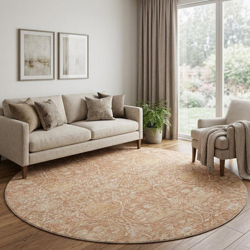 8' Coral And Beige Floral Washable Round Rug With UV Protection