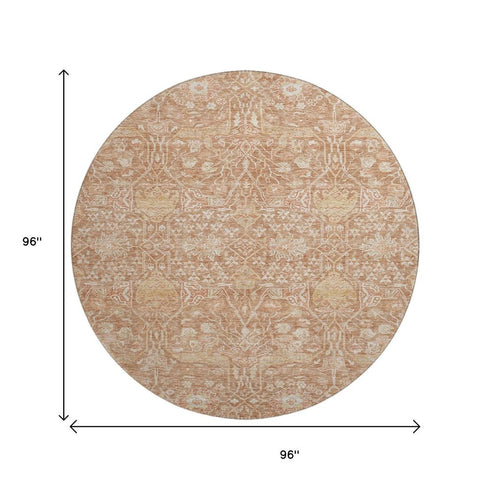 8' Coral And Beige Floral Washable Round Rug With UV Protection