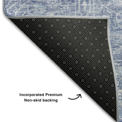 5' X 8' Denim Blue And Beige Floral Washable Area Rug With UV Protection