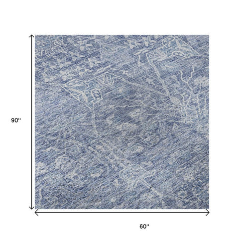5' X 8' Denim Blue And Beige Floral Washable Area Rug With UV Protection