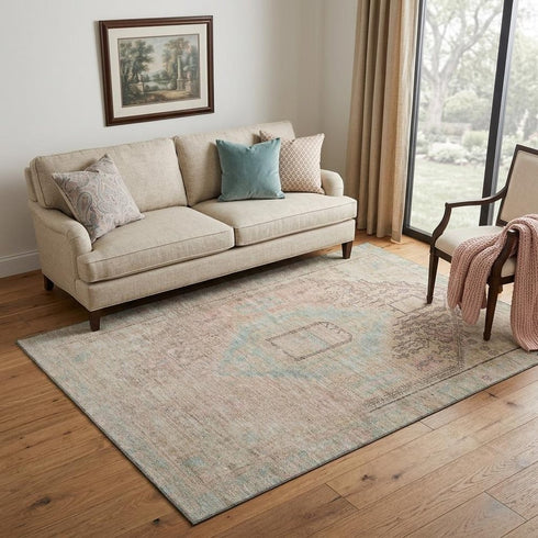 5' X 8' Pink Beige And Teal Tribal Washable Area Rug With UV Protection