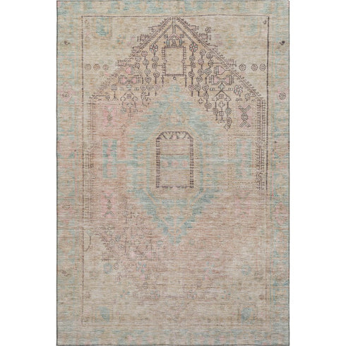 5' X 8' Pink Beige And Teal Tribal Washable Area Rug With UV Protection