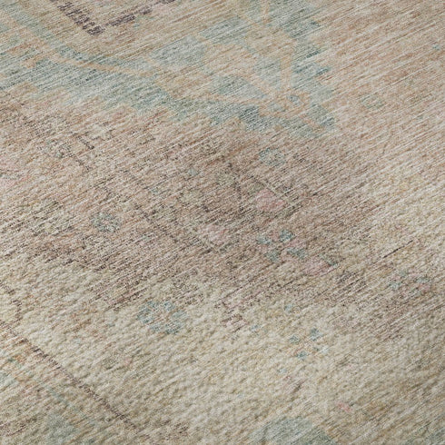 5' X 8' Pink Beige And Teal Tribal Washable Area Rug With UV Protection