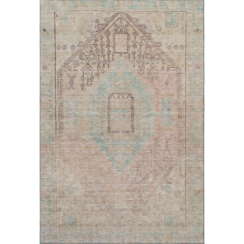 5' X 8' Pink Beige And Teal Tribal Washable Area Rug With UV Protection