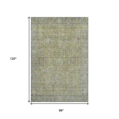 8' X 10' Artichoke Green And Gray Oriental Washable Area Rug With UV Protection
