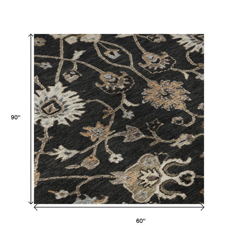 5' X 8' Black Ivory And Beige Floral Washable Area Rug With UV Protection