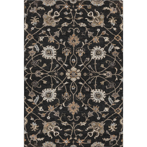 5' X 8' Black Ivory And Beige Floral Washable Area Rug With UV Protection