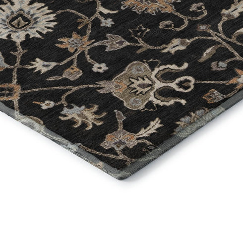 5' X 8' Black Ivory And Beige Floral Washable Area Rug With UV Protection