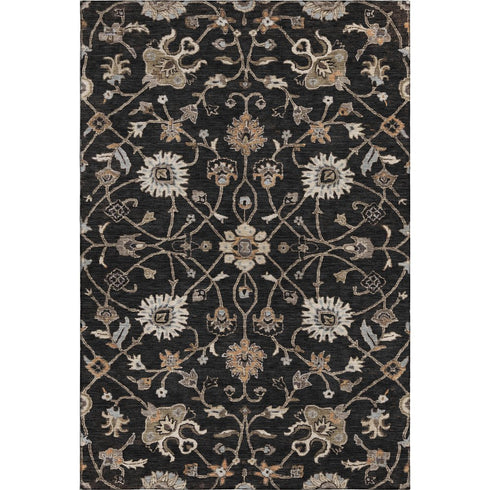 8' X 10' Black Ivory And Beige Floral Washable Area Rug With UV Protection