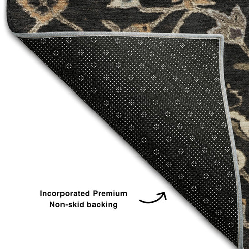 8' X 10' Black Ivory And Beige Floral Washable Area Rug With UV Protection