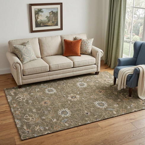 5' X 8' Brown Beige And Copper Floral Washable Area Rug With UV Protection