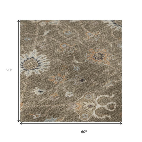 5' X 8' Brown Beige And Copper Floral Washable Area Rug With UV Protection