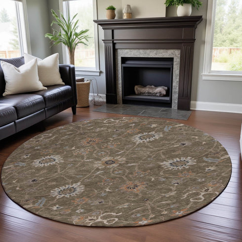 8' Brown Beige And Copper Floral Washable Round Rug With UV Protection