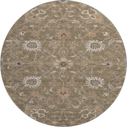 8' Brown Beige And Copper Floral Washable Round Rug With UV Protection