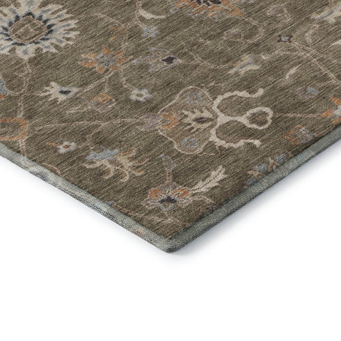 8' Brown Beige And Copper Floral Washable Round Rug With UV Protection