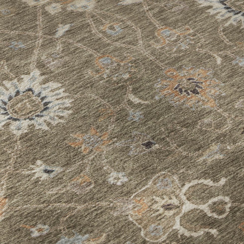 8' Brown Beige And Copper Floral Washable Round Rug With UV Protection