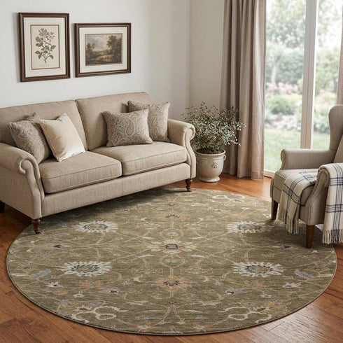 8' Brown Beige And Copper Floral Washable Round Rug With UV Protection
