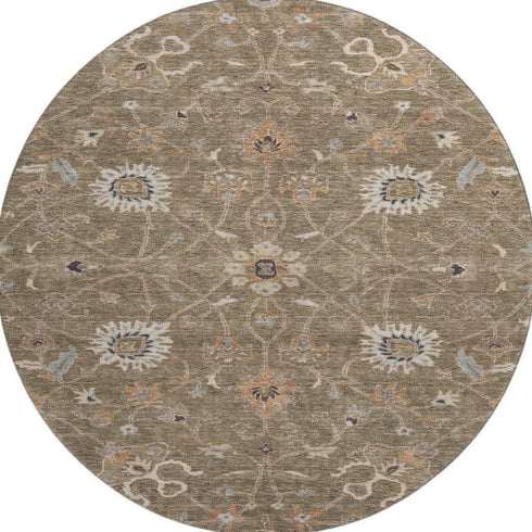 8' Brown Beige And Copper Floral Washable Round Rug With UV Protection