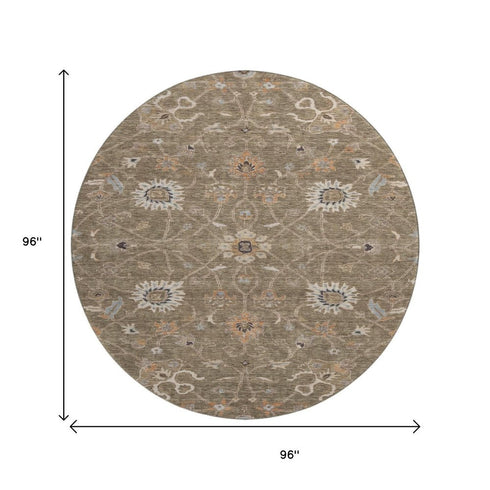 8' Brown Beige And Copper Floral Washable Round Rug With UV Protection