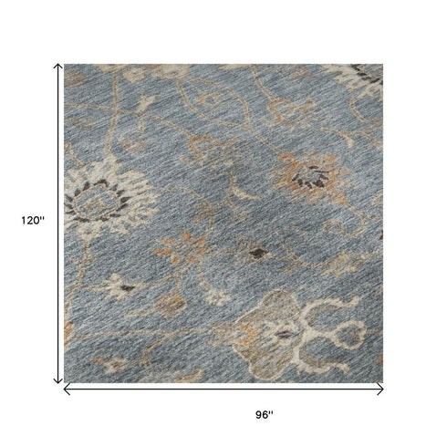 8' X 10' Denim Blue Beige And Copper Floral Washable Area Rug With UV Protection