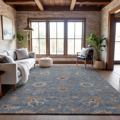 8' X 10' Denim Blue Beige And Copper Floral Washable Area Rug With UV Protection