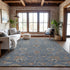 8' X 10' Denim Blue Beige And Copper Floral Washable Area Rug With UV Protection