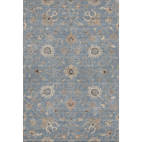 8' X 10' Denim Blue Beige And Copper Floral Washable Area Rug With UV Protection