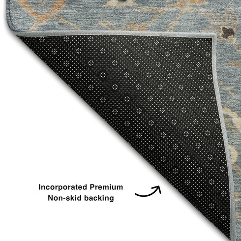 8' X 10' Denim Blue Beige And Copper Floral Washable Area Rug With UV Protection