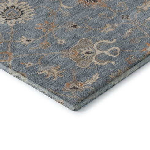 8' X 10' Denim Blue Beige And Copper Floral Washable Area Rug With UV Protection