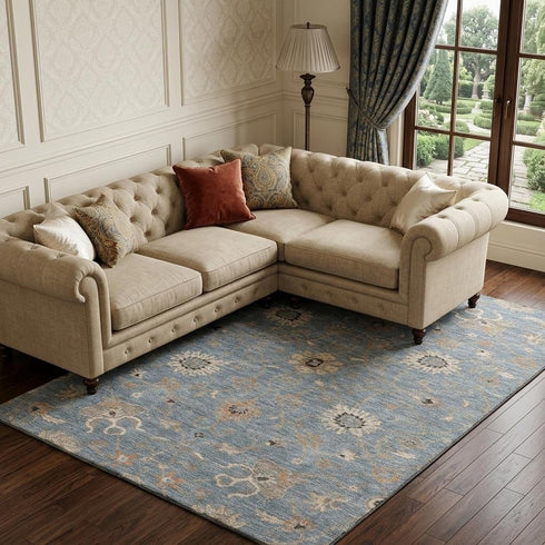8' X 10' Denim Blue Beige And Copper Floral Washable Area Rug With UV Protection