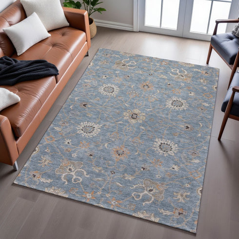 8' X 10' Denim Blue Beige And Copper Floral Washable Area Rug With UV Protection